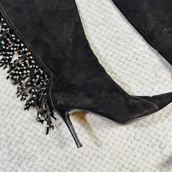 Amazing Vintage Y2K Sequin Fringe Tassel Suede Pump Pointed Toe Calf Boot Heel - Picture 4 of 9